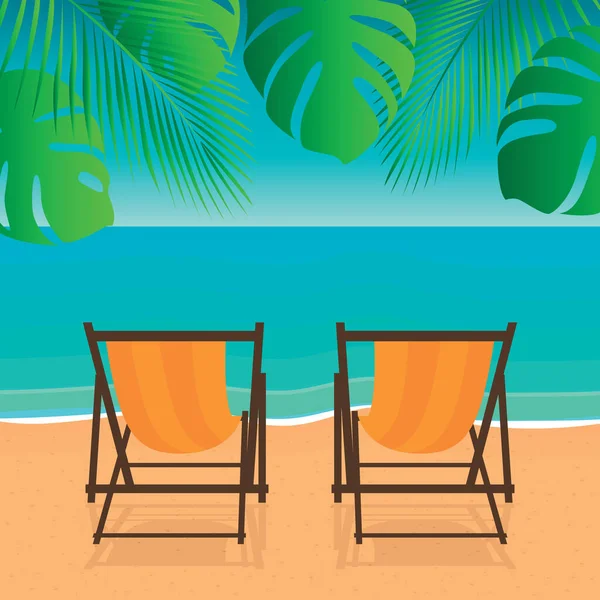Δύο ξαπλώστρες στην παραλία φοίνικα καλοκαιρινές διακοπές — Διανυσματικό Αρχείο