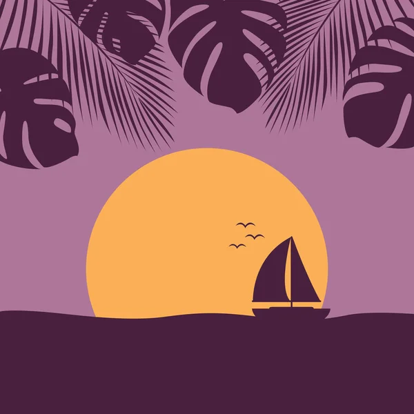 Tramonto in mare con yacht paesaggio naturale marino con barca a vela e foglia di palma — Vettoriale Stock