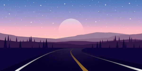 Yıldızlı bir gecede dağlarda yol gezisi — Stok Vektör