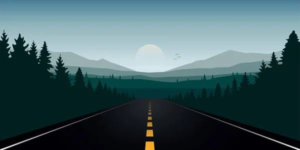 Route droite dans la forêt avec paysage de montagne verdoyant — Image vectorielle