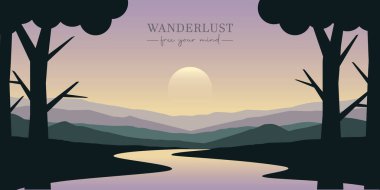 Dağlarda nehir, güzel gün batımı, mor manzara.