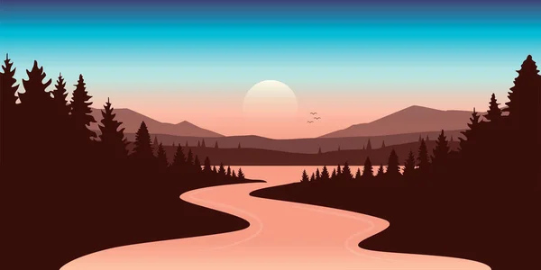 Großer Fluss in den Bergen bei schönem Sonnenuntergang violette Landschaft — Stockvektor