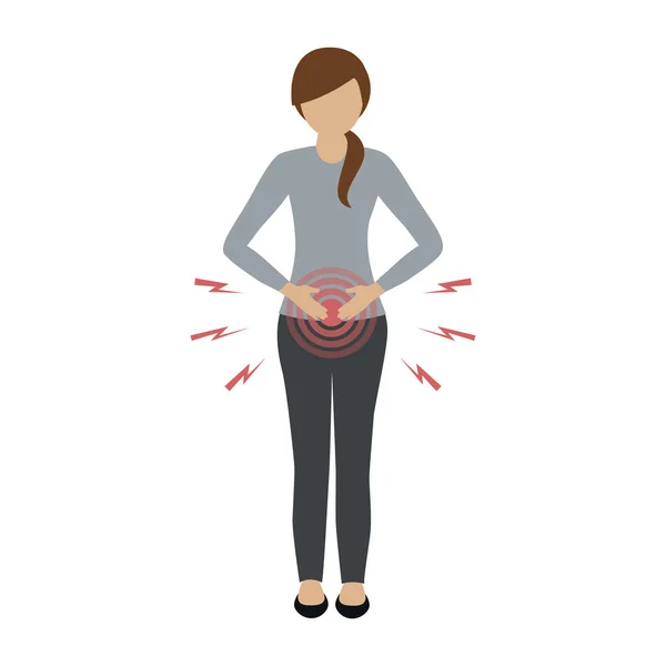Jeune femme avec douleurs abdominales isolées sur fond blanc — Image vectorielle