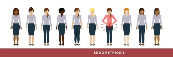 Una de cada diez mujeres tiene endometriosis ilustración de diferentes mujeres una con dolores abdominales — Archivo Imágenes Vectoriales