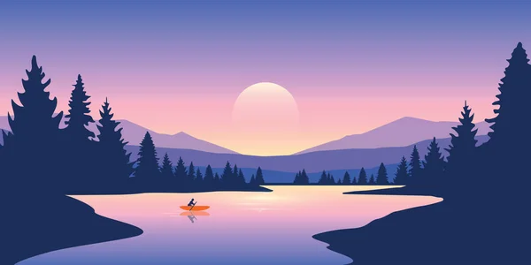 Ensam kanot äventyr på sommaren med orange båt på sjön — Stock vektor