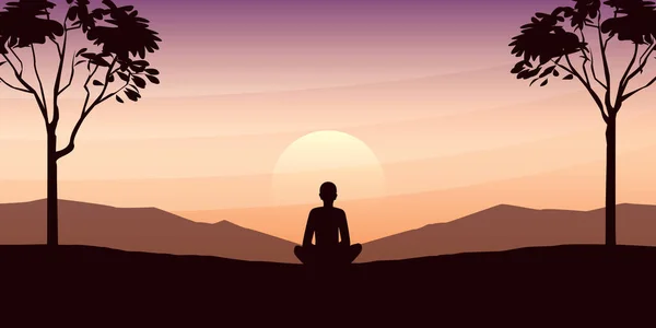 Bemiddelende persoon in yoga poseren op mooi landschap met grote bomen en uitzicht op de bergen bij zonsondergang — Stockvector