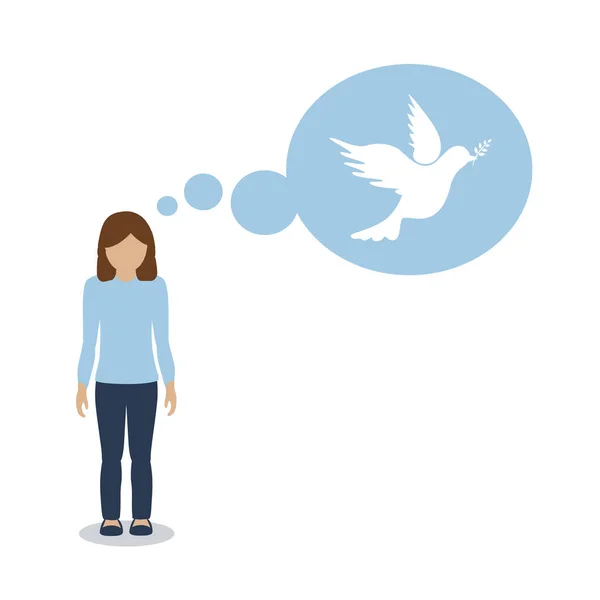 Fiatal lány gondolkodik béke galamb szimbólum — Stock Vector