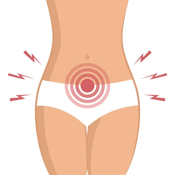 Mujer joven con dolores abdominales aislados sobre fondo blanco — Vector de stock