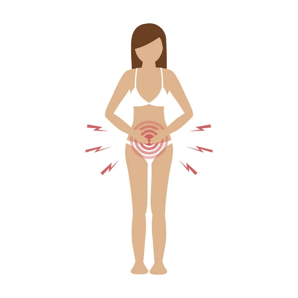 Junge Frau mit Bauchschmerzen isoliert auf weißem Hintergrund — Stockvektor