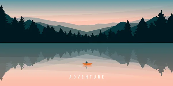 Lonely canoeing adventure with red boat forest landscape — Stock Vector