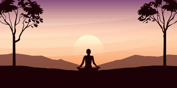 Mediación persona en yoga pose en hermoso paisaje con grandes árboles y vista a la montaña al atardecer — Vector de stock