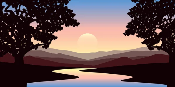 Hermoso paisaje de la selva río y vista a la montaña al atardecer — Vector de stock