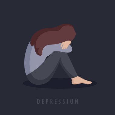 Bunalımlı kız karanlık depresyonda ve yalnızlık konseptinde tek başına oturuyor.