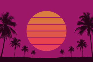 Tropikal palmiye ağacının siluetinde güzel bir günbatımı