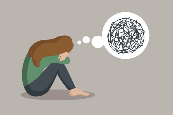 Depressief meisje zitten alleen en na te denken over problemen — Stockvector