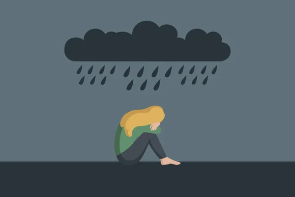 Solitário deprimido menina sentado sozinho na chuva — Vetor de Stock