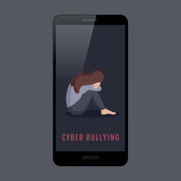 Cyber pesten depressief meisje zitten alleen in een smartphone — Stockvector