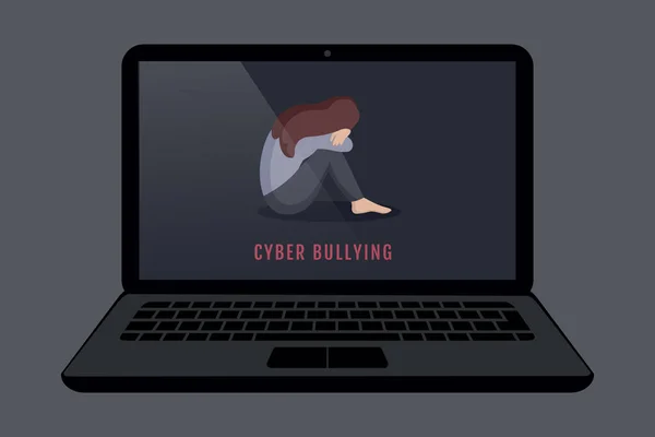 Cyber pesten depressief meisje zitten alleen in een laptop — Stockvector