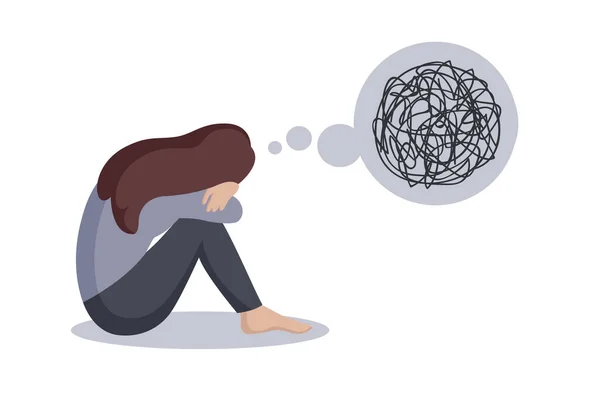 Deprimerad flicka sitter ensam och tänker på problem — Stock vektor