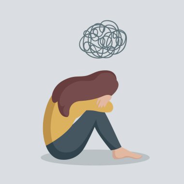 Bunalımlı kız karanlık depresyonda ve yalnızlık konseptinde tek başına oturuyor.