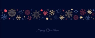 Kar taneleri sınırı ve yıldızlı mavi noel kartı