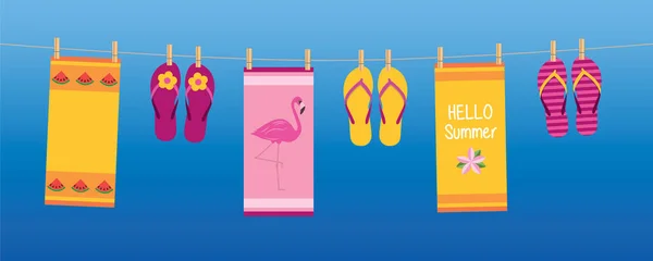 Heureuse bannière de vacances d'été avec des serviettes suspendues colorées et des tongs — Image vectorielle