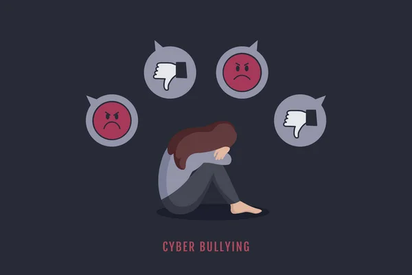 Cyber mobbning deprimerad flicka sitter ensam i en bärbar dator — Stock vektor