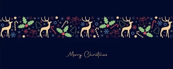 Χριστουγεννιάτικη κάρτα με ελάφι berry star δώρο και νιφάδες χιονιού σύνορα — Διανυσματικό Αρχείο
