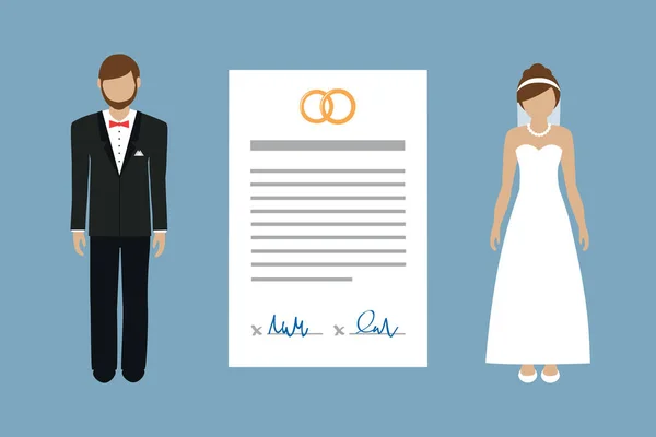 Matrimonio contratto info grafica con coppia sposata pittogramma — Vettoriale Stock
