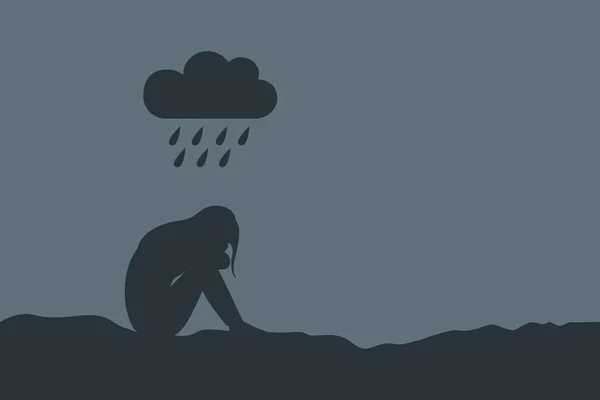 Magányos depressziós lány ül egyedül az esőben — Stock Vector