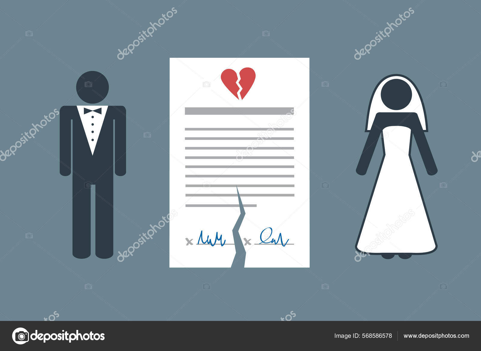 Image vectorielle Séparation divorce pictogramme info graphique avec  contrat de mariage déchiré par ©krissikunterbunt - 568586578, image size:1600x1167