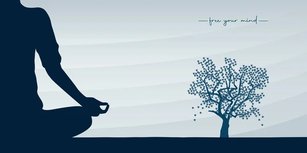Peaceful yoga mediating person on sunny bright background with big tree — Wektor stockowy