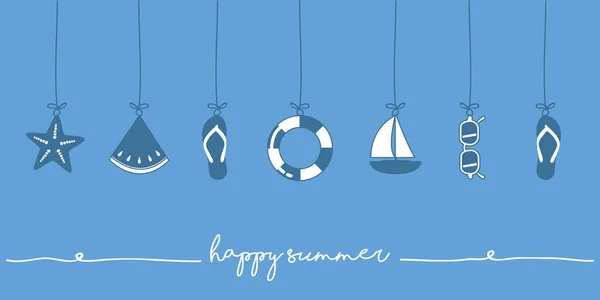 Happy summer holiday banner design with hanging utensils — Stock Vector
