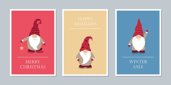 Набор рождественских открыток с милым смешным гномом — стоковый вектор