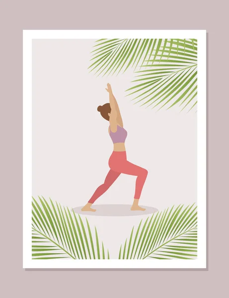Yoga girl in meditation pose on palm background — Stockvector