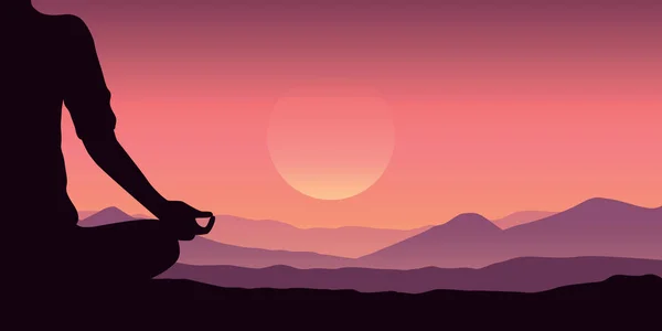Meditación silueta humana con fondo de montañas púrpura — Vector de stock