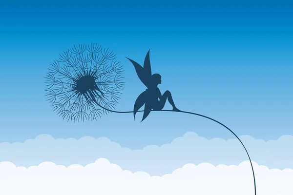 Fairy sits on a dandelion on blue sky silhouette — Stock Vector