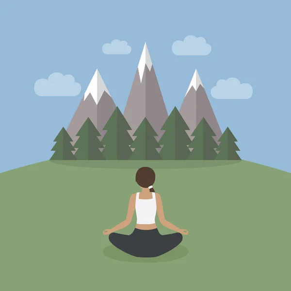 Ragazza fa yoga sul paesaggio verde di montagna — Vettoriale Stock