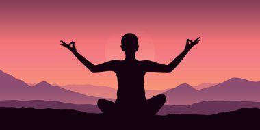 Mor dağlı meditasyon insan silueti. Arka plan vektör çizimi EPS10