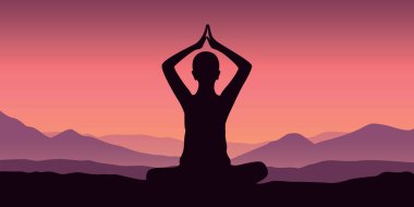 Mor dağlı meditasyon insan silueti. Arka plan vektör çizimi EPS10