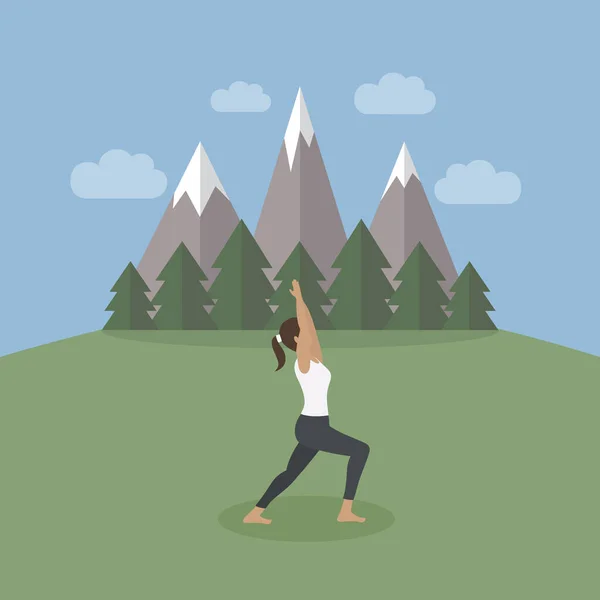 Fille Fait Yoga Sur Vert Montagne Paysage Vectoriel Illustration Eps10 — Image vectorielle