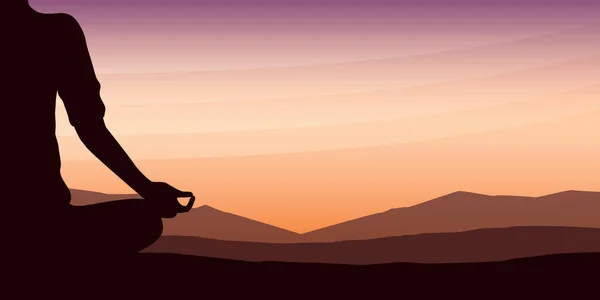 瞑想人間のシルエットと紫色の山の背景ベクトル図 Eps10 — ストックベクタ