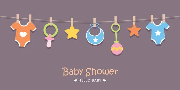 Baby Douche Welkom Wenskaart Voor Bevalling Met Opknoping Gebruiksvoorwerpen Vector — Stockvector