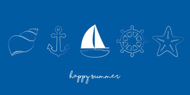 Yelkenli yelkenli yelkenli kabuklu deniz yıldızı çizimi EPS10 ile mutlu yaz tatili deniz tasarımı