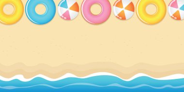 Yaz tatili plaj arka planında deniz dalgası yüzme yüzüğü ve top vektör illüstrasyonu EPS10