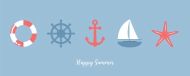 Yelkenli tekne kabuğu ve çapa vektör illüstrasyonu EPS10 ile yaz tatili pankartı tasarımı