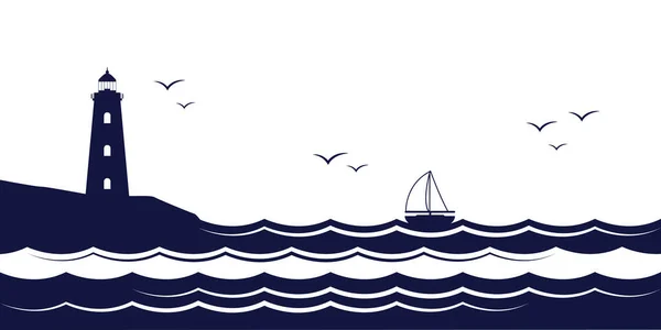 Zeilboot Vuurtoren Silhouet Door Oceaan Zeegezicht Vector Illustratie Eps10 — Stockvector