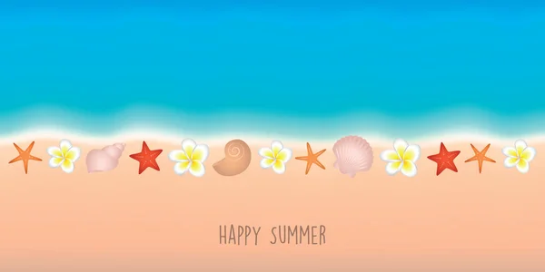 Glücklichen Sommerurlaub Marine Hintergrund Mit Muschel Seestern Und Frangipani Blume — Stockvektor
