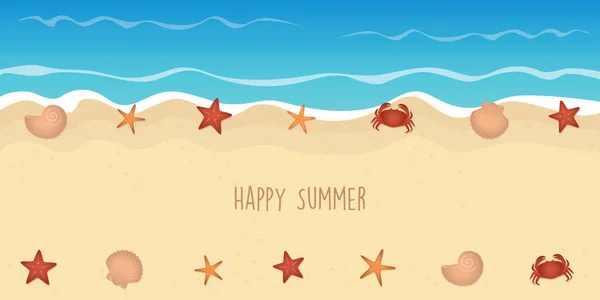 Happy Letní Dovolená Mořské Pozadí Shell Hvězdice Krab Vektor Ilustrace — Stockový vektor