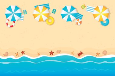 Yaz tatili şemsiyeli yüzme yüzme yüzüğü ve flop vektör illüstrasyonu EPS10 ile turist plajında